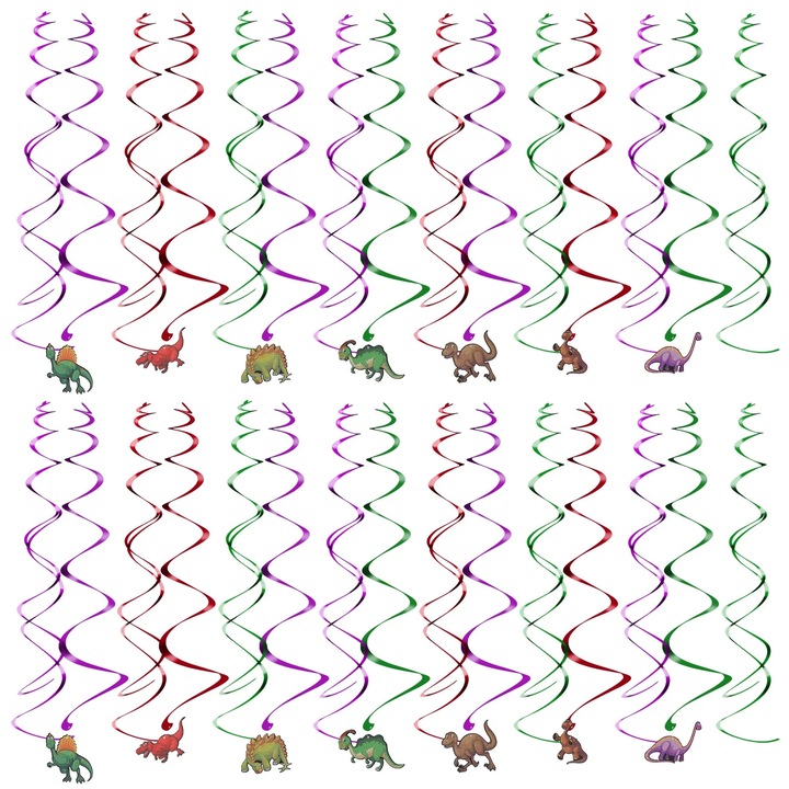 Decoratiuni suspendate spirale cu dinozauri ZYBLSSBB LSM2xh1585-BCS0103256, PVC, multicolor, set 30 buc., 18 x 12 x 0.1 cm
