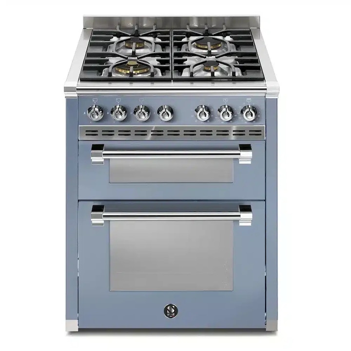 Aragaz pe gaz premium Steel Cucine, colectie Ascot, 70 cm, 4 arzatoare, 2 cuptoare electrice 34/70 litri, consum redus, clasa A, 11 functii, 37 retete prestabilite, gatire cu aburi, mod Eco, autocuratare cu aburi, functie mentinere la cald, timer, blue