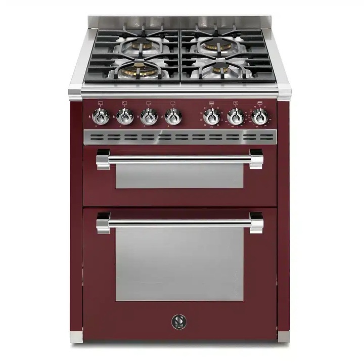 Aragaz pe gaz premium Steel Cucine, colectie Ascot, 70 cm, 4 arzatoare, 2 cuptoare electrice 34/70 litri, consum redus, clasa A, 11 functii, 37 retete prestabilite, gatire cu aburi, mod Eco, autocuratare cu aburi, mentinere la cald, timer, visiniu
