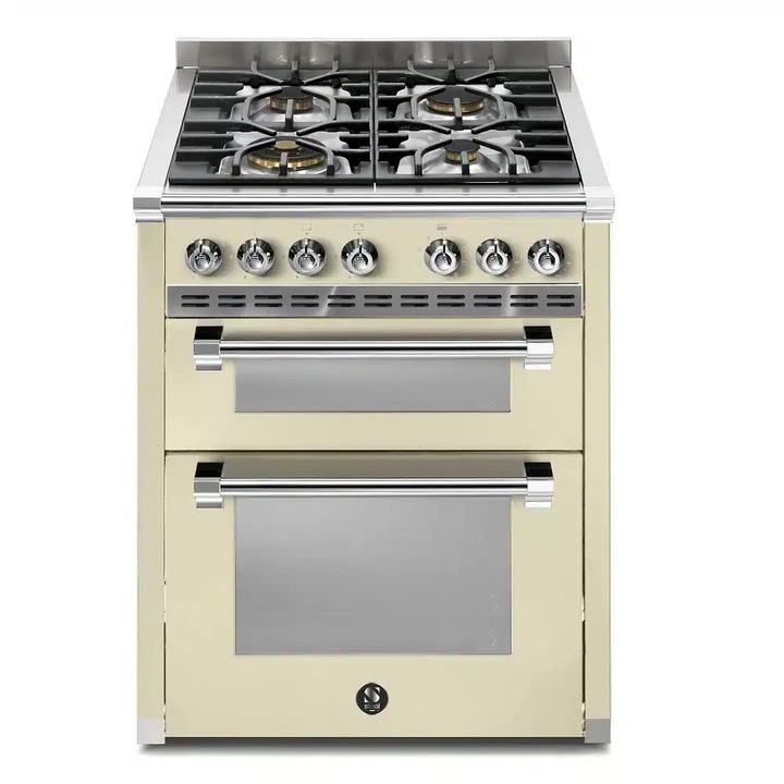 Aragaz pe gaz premium Steel Cucine, colectie Ascot, 70 cm, 4 arzatoare, 2 cuptoare electrice 34/70 litri, consum redus, clasa A, 11 functii, 37 retete prestabilite, gatire cu aburi, mod Eco, autocuratare cu aburi, functie mentinere la cald, timer, crem