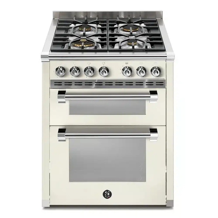 Aragaz pe gaz premium Steel Cucine, colectie Ascot, 70 cm, 4 arzatoare, 2 cuptoare electrice 34/70 litri, consum redus, clasa A, 11 functii, 37 retete prestabilite, gatire cu aburi, mod Eco, autocuratare cu aburi, functie mentinere la cald, timer, ivoire