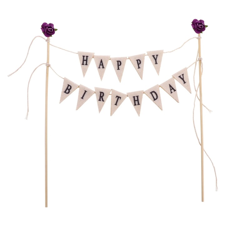 Decor pentru tort ZYBLSSBB LSM2xh3021-BCS0125567, stegulete "Happy Birthday" din panza cu litere negre si bete din lemn, pre-asamblat, multicolor, 20 x 18 cm