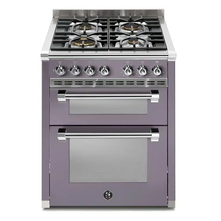 Aragaz pe gaz premium Steel Cucine, colectie Ascot, 70 cm, 4 arzatoare, 2 cuptoare electrice 34/70 litri, consum redus, clasa A, 11 functii, 37 retete prestabilite, gatire cu aburi, mod Eco, autocuratare cu aburi, functie mentinere la cald, timer, mov