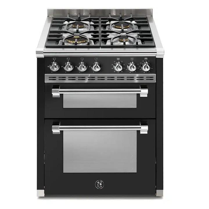 Aragaz pe gaz premium Steel Cucine, colectie Ascot, 70 cm, 4 arzatoare, 2 cuptoare electrice 34/70 litri, consum redus, clasa A, 11 functii, 37 retete prestabilite, gatire cu aburi, mod Eco, autocuratare cu aburi, functie mentinere la cald, timer, negru