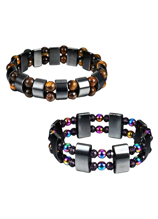 ZYBLSSBB, Bratara de glezna din hematita magnetica si aliaj cu margele, set 2 bucati, maro si multicolor