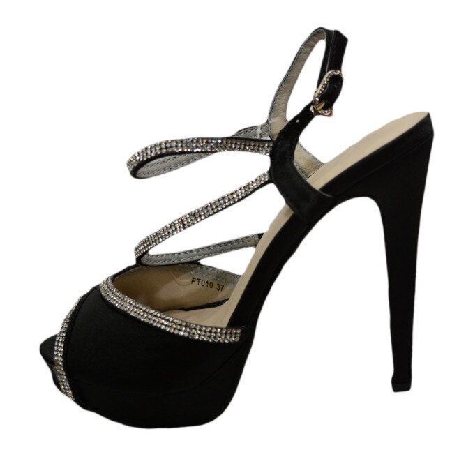 Sandale cu toc inalt, din saten, D&J Exclusive,, Negru