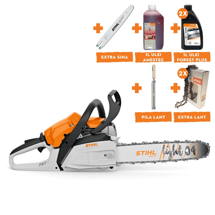 Motofierastrau STIHL MS 182, putere 2.2 CP, lama 40 cm, 1.3 mm, pas lant 3/8"P, ulei amestec 2T 1L, ulei forest plus 2L, 2x extra lant, extra sina, pila lant