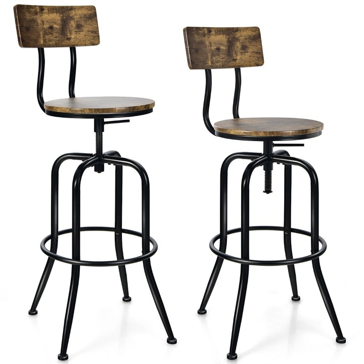 Scaune de bar industriale reglabile, pivotante, set de 2, maro