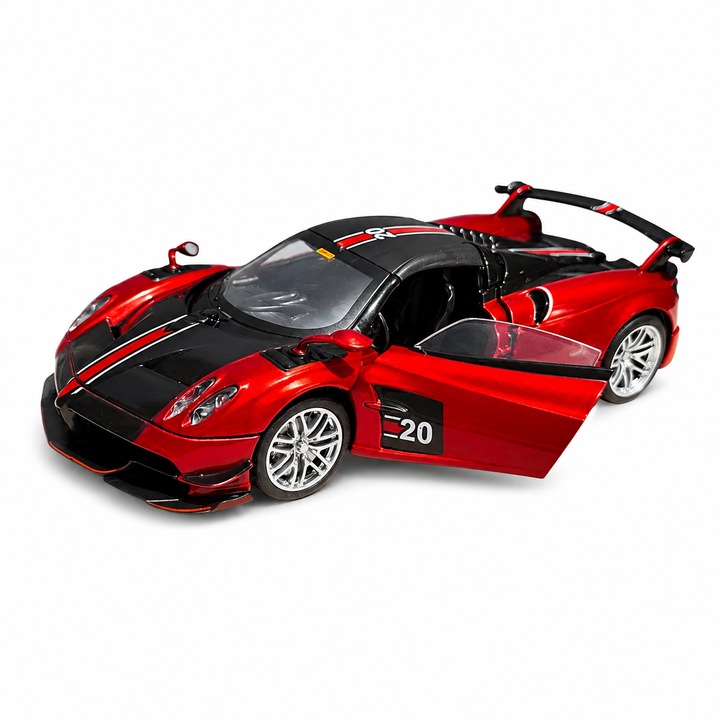 Fém autó, Pagani Huayra Roadster típusú, Die-Cast modell 1:32, Funkcionális ajtók, Piros, 6+ év