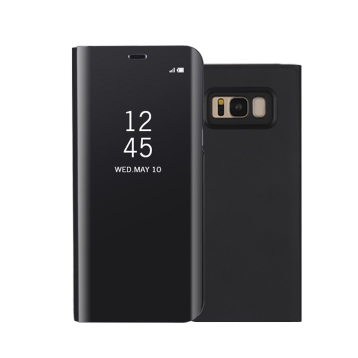 Samsung Galaxy S8 tok – könyvnyitható tükör, áttetsző borító, fekete