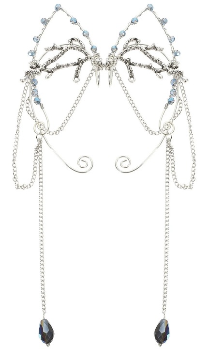 ZYBLSSBB, cercei clip-on din aliaj cu ciucuri si cristale, ear cuff cu lanturi atarnatoare, argintiu/albastru