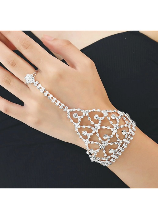 ZYBLSSBB, bratara-hand chain din cupru placat si rhinestone cu inel atasat, design filigran ajustabil, argintiu, marime universala