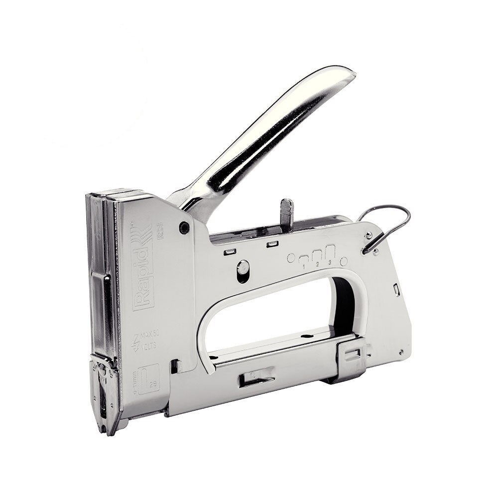 Capsator tacker cabluri Rapid PRO 28E, capse semirotunde “U” 28/9-11 mm, reglare forta capsare in 3 trepte, diametru cablu 4.5 mm, joasa tensiune