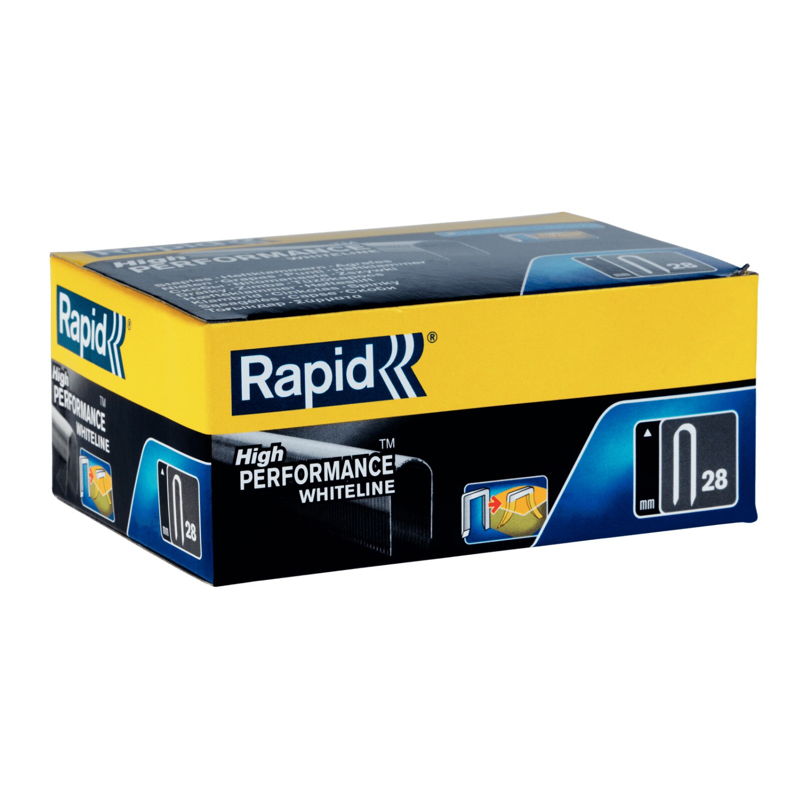 Capse albe Rapid 28/10 mm pentru cabluri, High Performance, galvanizate, semicirculare, divergente, 1000 capse/cutie 11893510