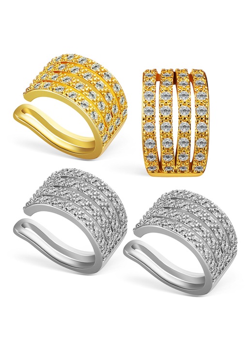 ZYBLSSBB, Cercei ear cuff din metal placat cu aur si cubic zirconia, reglabili, fara piercing, set 4 bucati, auriu/argintiu