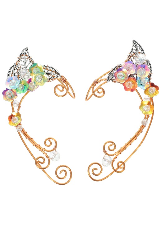 ZYBLSSBB, Cercei ear cuff din placaj/aliaj placat cu aur, design urechi de elf cu flori irisate, clip-on (non-piercing), Multicolor