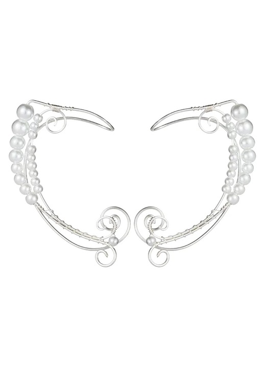 ZYBLSSBB, cercei tip ear cuff din metal cu perle, design elf clip-on, argintiu, pereche
