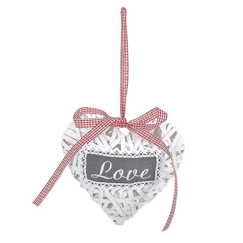 Inimioara decorativa din lemn alb cu agatatoare rosie si mesaj love