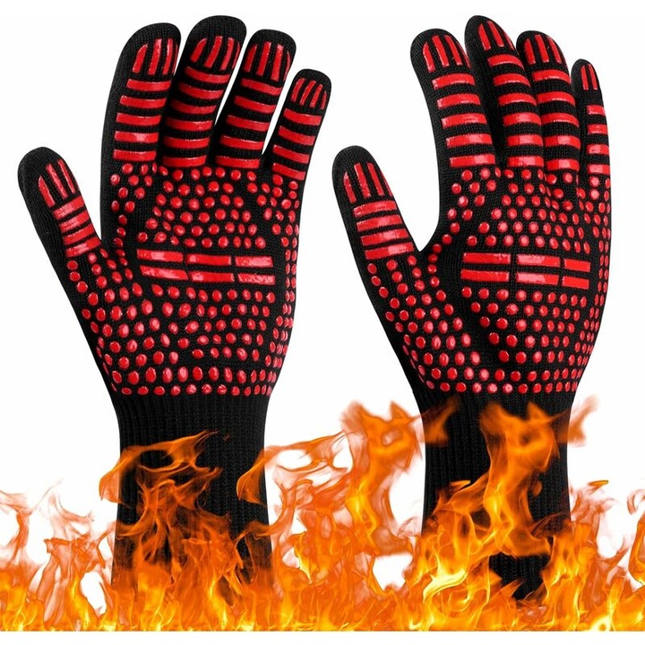 Hőálló grillkesztyű, csúszásmentes sütőkesztyű, rövid távú védelem 800°C-ig, meghosszabbított alkar, alkalmas sütőhöz és kandallóhoz, hegesztéshez, 1 pár