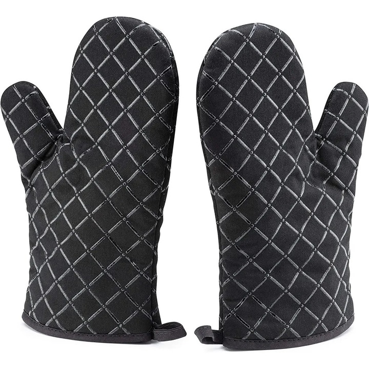 Két pár csúszásmentes konyhai kesztyű, 28×18cm, fekete pamut, hőálló 250°C-ig