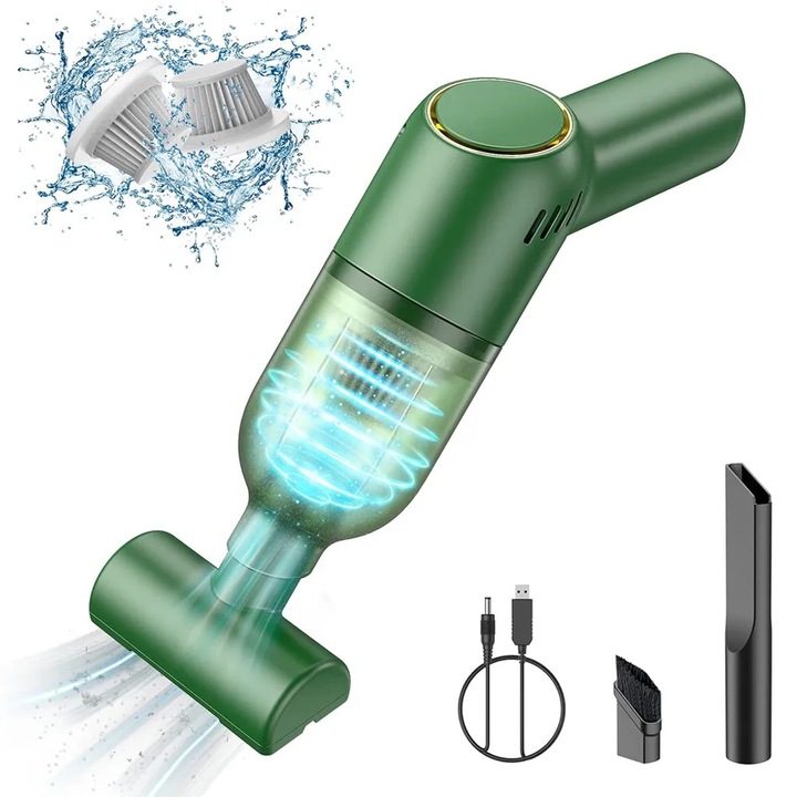 Aspirator de mana fara fir de 120 W, aspirare puternica, utilizare umeda si uscata, include 3 duze disponibile in negru, verde si alb