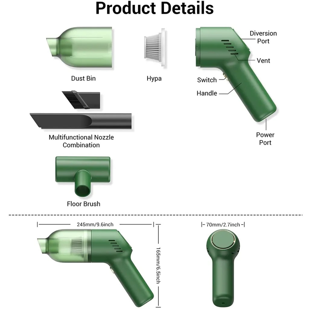 Aspirator de mana fara fir de 120 W, aspirare puternica, utilizare umeda si uscata, include 3 duze disponibile in negru, verde si alb