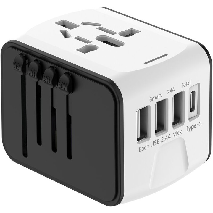 Adaptor universal de calatorie international cu 3 porturi USB + 1 port Type-C, 1500W, mufa franceza, compatibil cu SUA, Canada, Marea Britanie, Europa, Australia, China si Japonia