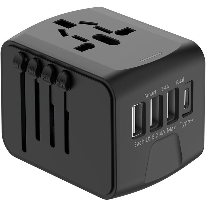Adaptor universal de calatorie cu 3 porturi USB-A + USB-C, 1500W, standard francez, compatibil cu SUA, Canada, Marea Britanie, Europa, Australia, China si Japonia
