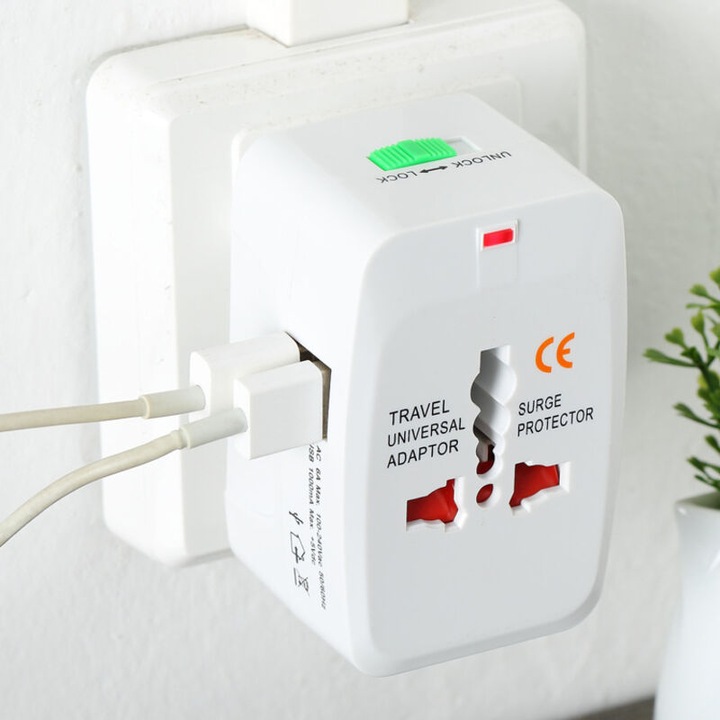 Adaptor universal de calatorie cu 2 porturi USB, priza multipla pentru Marea Britanie/SUA/Australia/Europa, 110-240V, potrivit pentru calatorii in mai multe tari