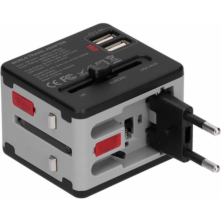 Adaptor universal de calatorie international cu 2 USB 100-240V, gri, compatibil cu prizele din SUA, Australia, Marea Britanie, Europa si alte tari