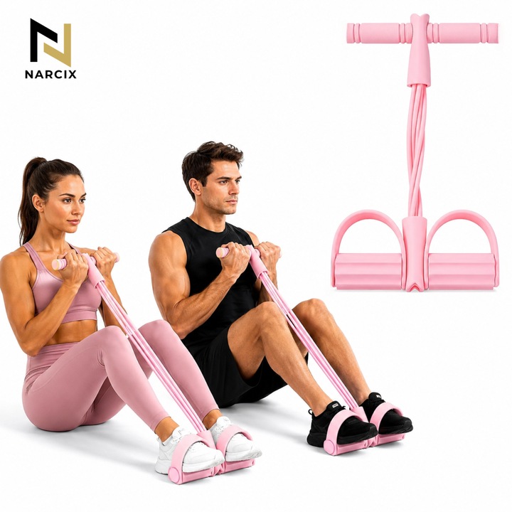 NARCIX® Fitnesz Gumiszalag Pedálokkal és 6 Ellenállási Csővel, Többfunkciós Extender Karra, Hasra, Lábakra és Hátra, Kényelmes Fogantyúk, Természetes Latex, Otthoni Edzés, Rózsaszín
