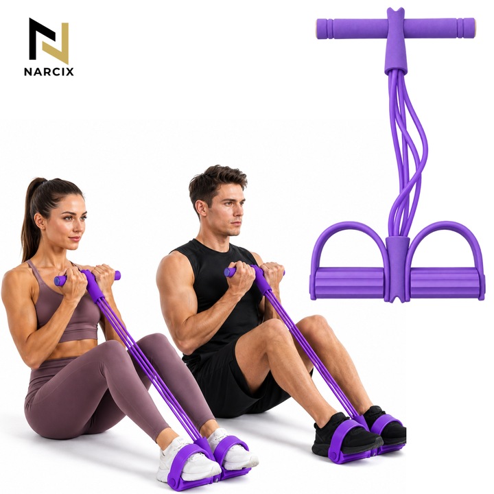 Fitness Gumiszalag Pedálokkal és 6 Ellenállási Csővel, NARCIX®, Többfunkciós Extender Karra, Hasra, Lábakra és Hátra, Kényelmes Fogantyúk, Természetes Latex, Otthoni Edzés, Lila