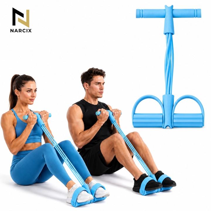 Fitness Gumiszalag Pedálokkal és 6 Ellenállási Csővel, NARCIX®, Többfunkciós Expander Karra, Hasra, Lábakra és Hátra, Kényelmes Fogantyúk, Természetes Latex, Otthoni Edzés, Kék