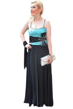 Rochie lunga din saten si voal, D&J Exclusive, Negru-turcoaz Rochie lunga din saten si voal, D&J Exclusive, Negru-turcoaz