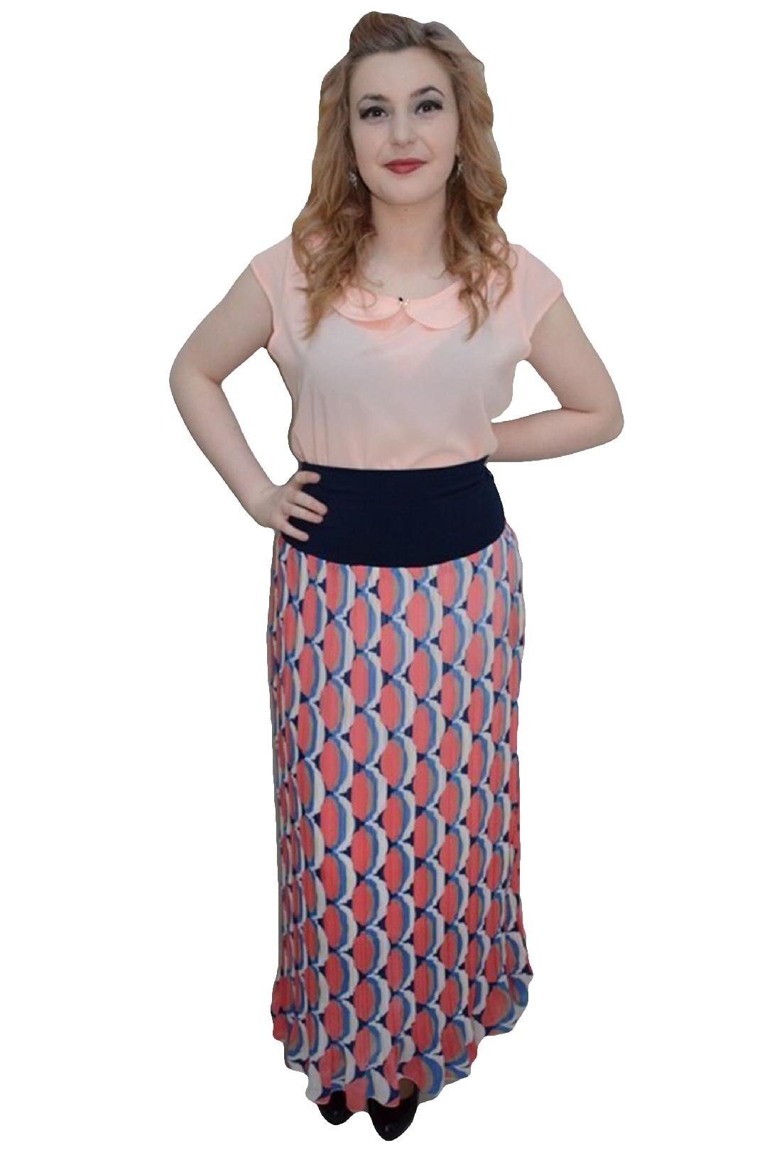 Fusta cu imprimeu abstract, masura mare, D&J Exclusive, Bleumarin/Rosu