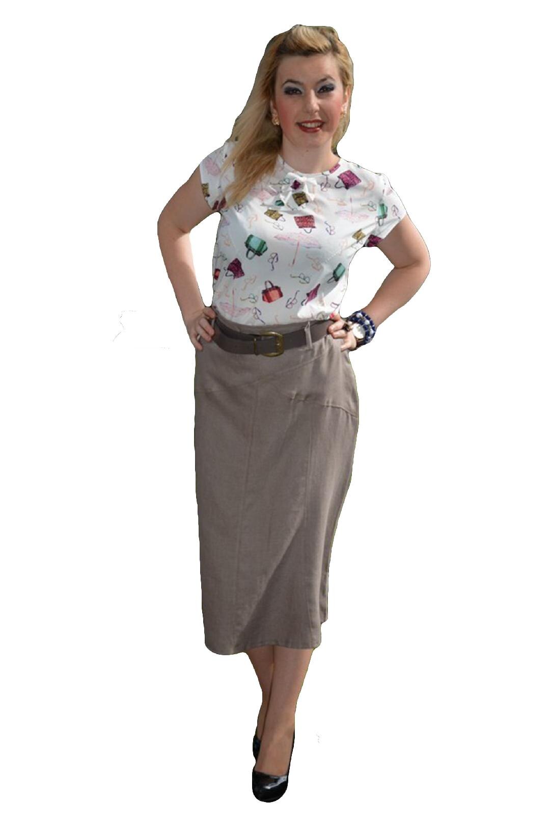 Fusta de zi, confectionata din in cu croi in clin, masura mare, D&J Exclusive, Maro