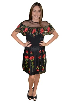 Fusta eleganta in clos, cu flori brodate, D&J Exclusive, Negru/Rosu Fusta eleganta in clos, cu flori brodate, D&J Exclusive, Negru/Rosu