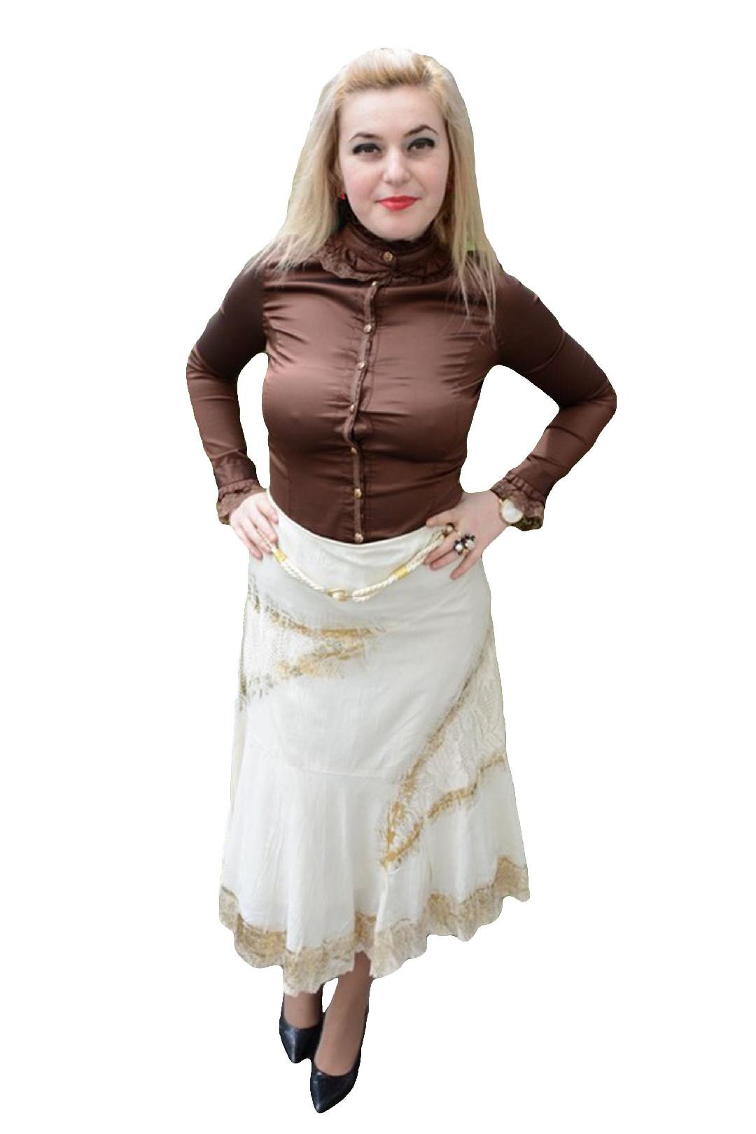 Fusta midi, eleganta cu insertii de dantela, D&J Exclusive, Crem, 40