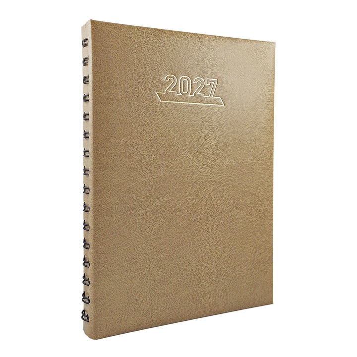 Agenda datata 2027 Stilus A5, cu o zi lucratoare pe pagina, 360 pagini, Coperta buretata Crem, Spira semiascunsa