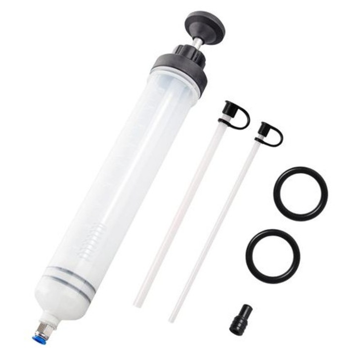 Seringa de transfer ulei MO-k0509--260908-1309, corp transparent EPDM, capacitate 500 ml, furtunuri 20/22 cm (O 6/8 mm), kit cu garnituri, transparent/negru