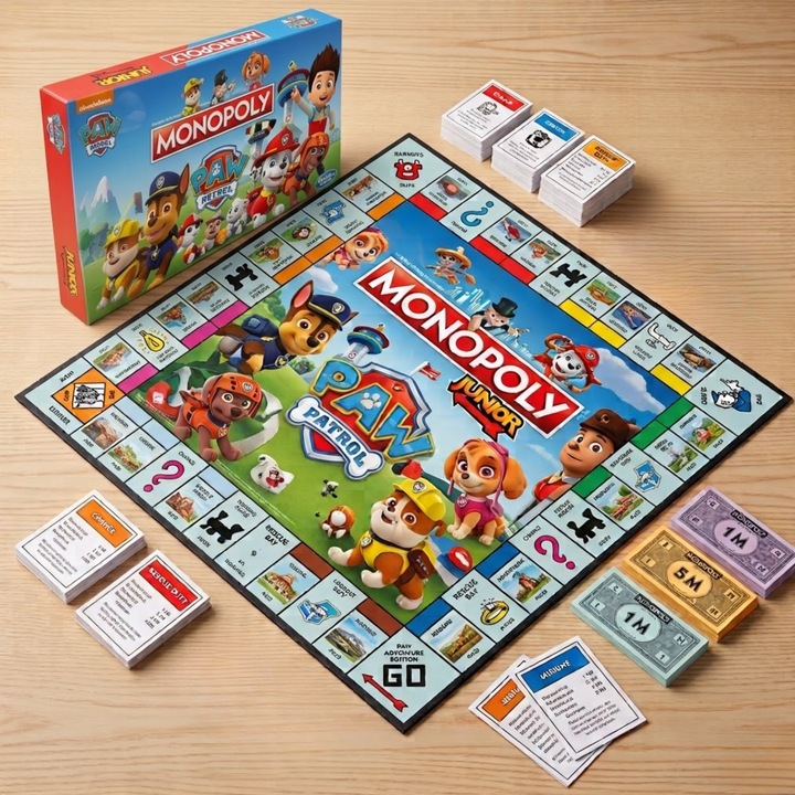 Joc de Societate Monopoly Junior Paw Patrol Infiniteea™, Joc de Familie si Strategie Pentru Copii 5+ Ani si Adulti, 2-4 jucatori, Include 4 Pioni 3D cu Personajele Favorite, Limba Romana, Joc Educativ de Atentie si Numarat, Cadou Ideal Copii