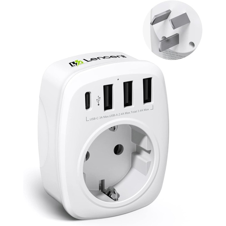 Adaptor Priza Calatorie Tip I: Germania, UE spre Australia, China, NZ, Argentina, 3 USB + 1 Type-C