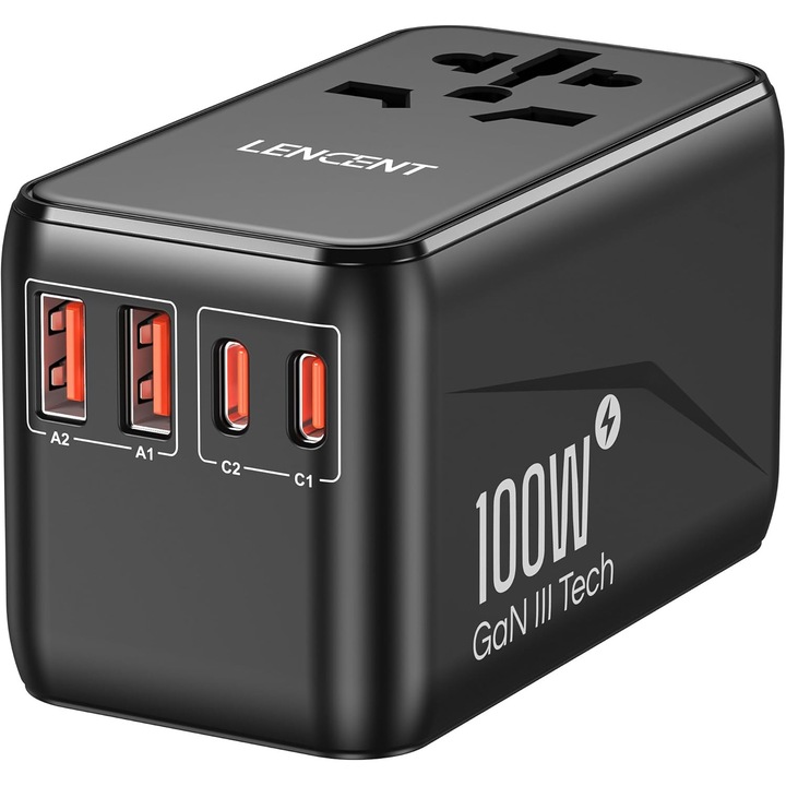 Adaptor Calatorie Universal LENCENT 100W GaN3, 4 Porturi Incarcare Rapida