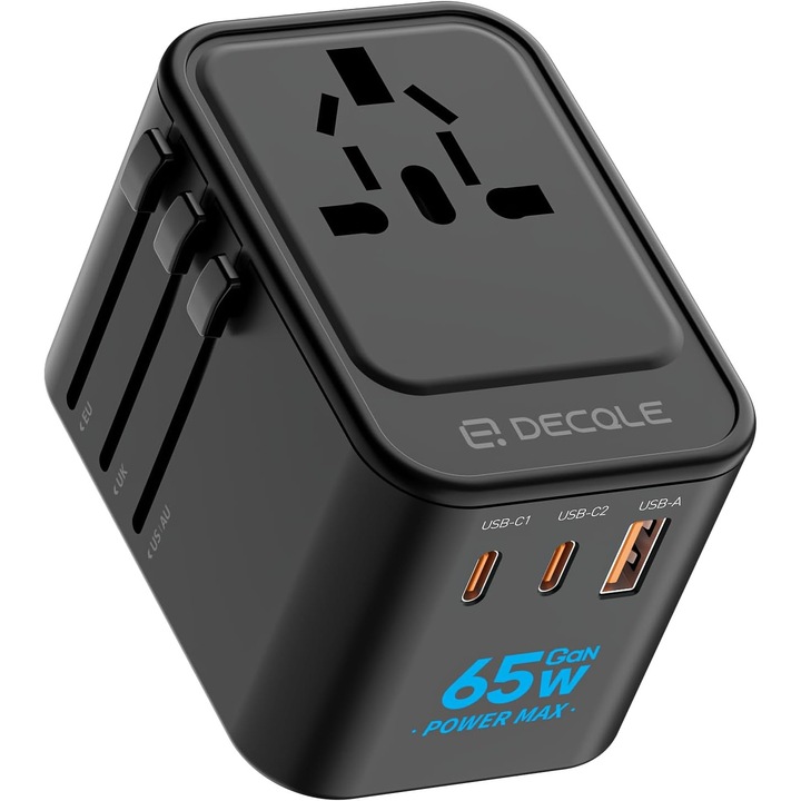 Adaptor Calatorie Universal, 2x USB-C GaN 65W, 1x USB-A, Priza AC