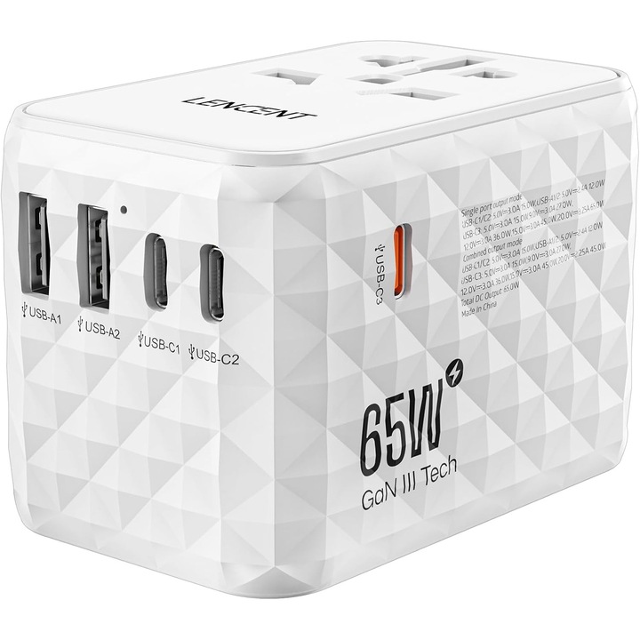 Adaptor Universal LENCENT 65W Fast Charge, Priza Calatorie Globala
