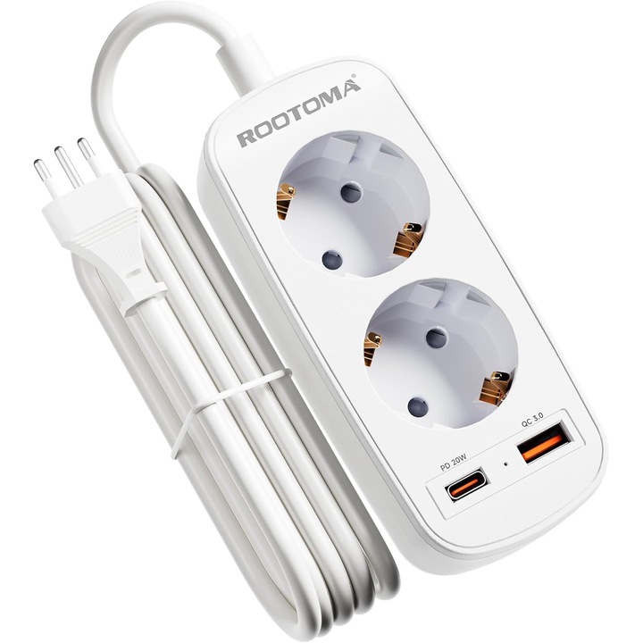 Adaptor Priza Italia 20W PD USB, Cablu 1.5m, 2 Prize, Tip L