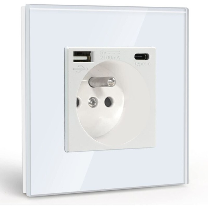 Priza de perete tip 86 cu porturi USB si Type-C, panou din sticla securizata alba, 5V 2.1A, potrivita pentru telefoane mobile si tablete