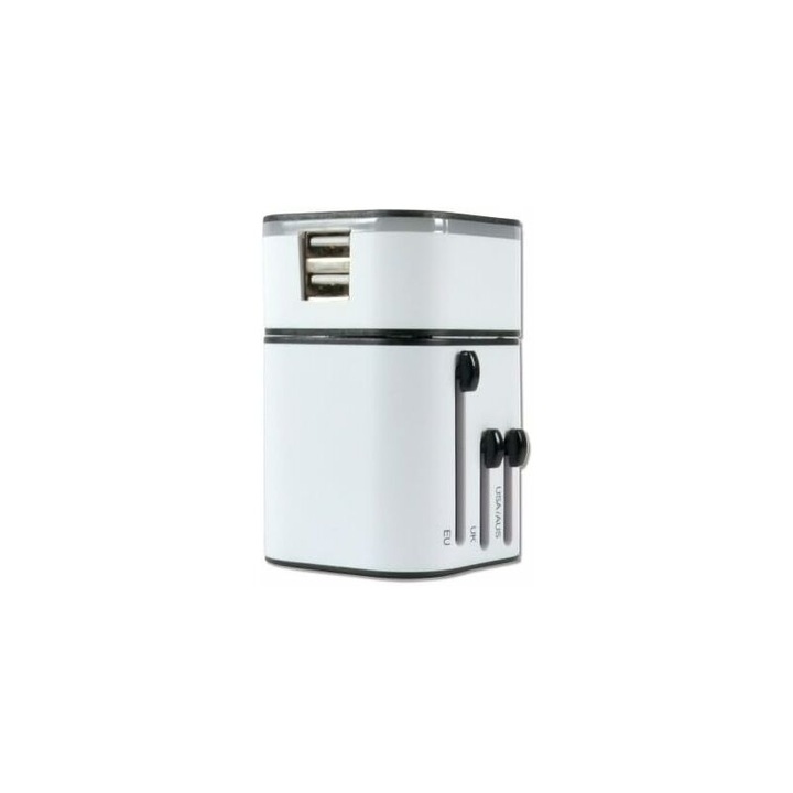 Adaptor de alimentare multi-international 5V 3.2A (2 x USB Tip-A), alb, potrivit pentru telefoane mobile, camere foto si difuzoare