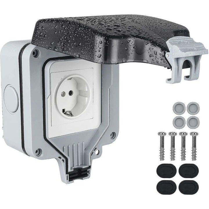 Priza de perete exterioara impermeabila IP66, rezistenta la praf si ploaie, capac cu incuietoare, ABS, 220-250V 16A, potrivita pentru medii exterioare umede