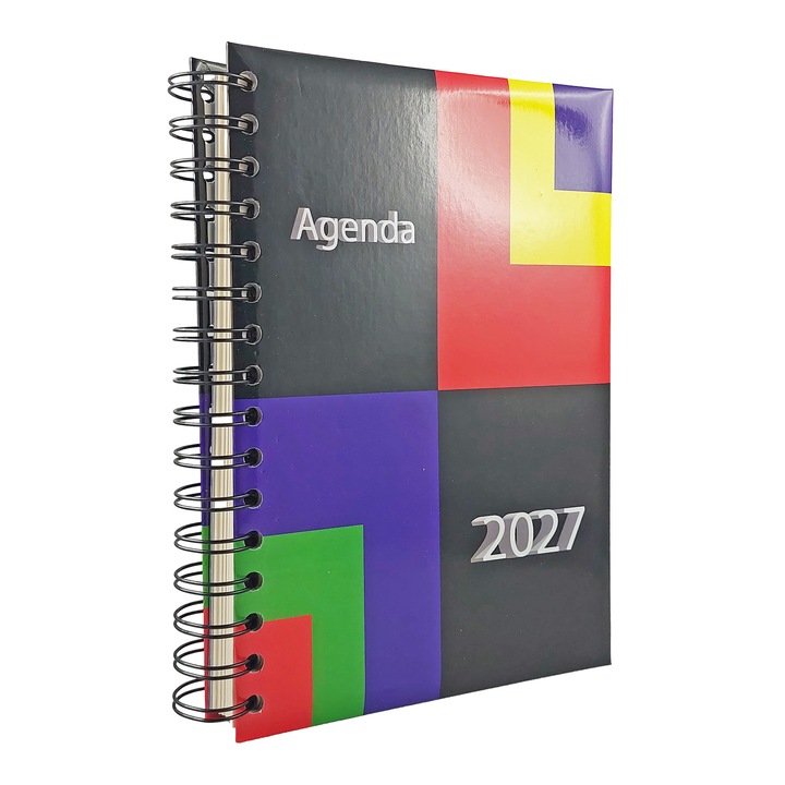 Agenda datata 2027 Stilus A5, cu o zi lucratoare pe pagina, 360 pagini, Coperta buretata multicolora lucioasa, Spira metalica la vedere